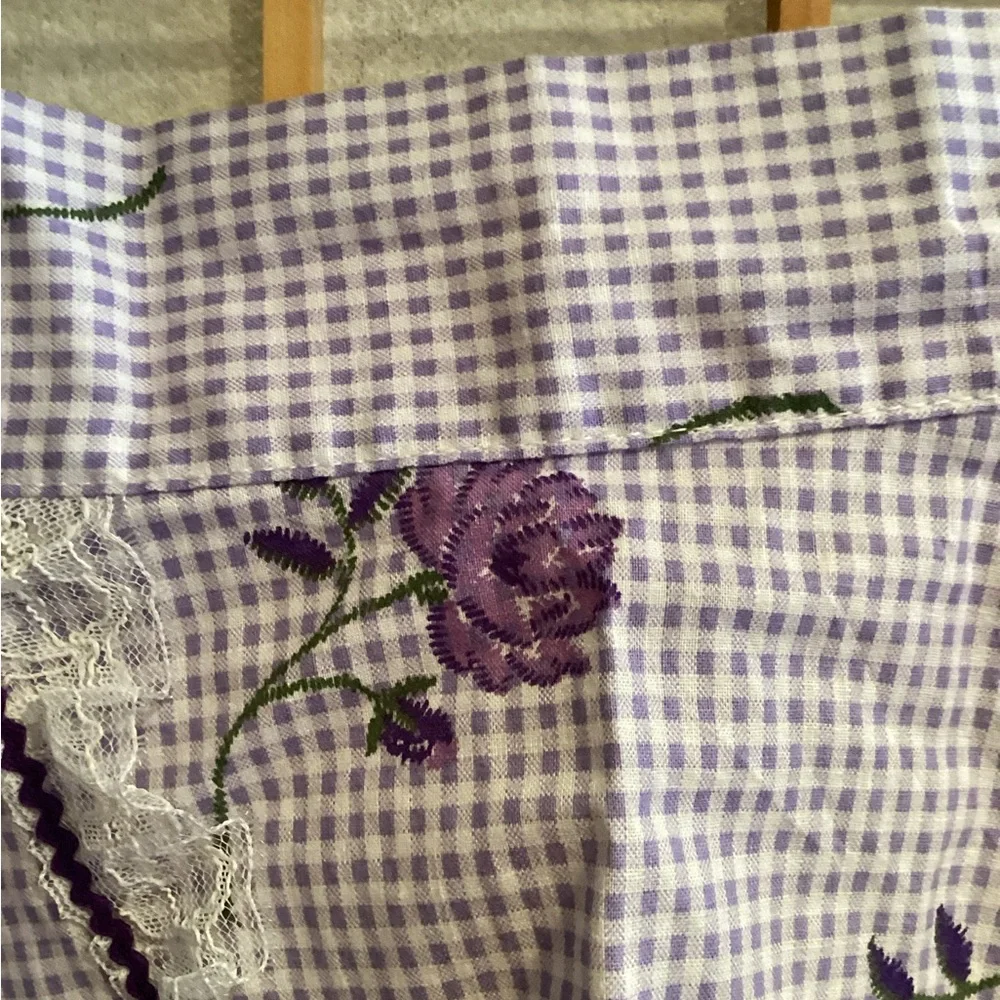 Vintage Handmade Purple Floral and Gingham Half Apron with White Lace Trim